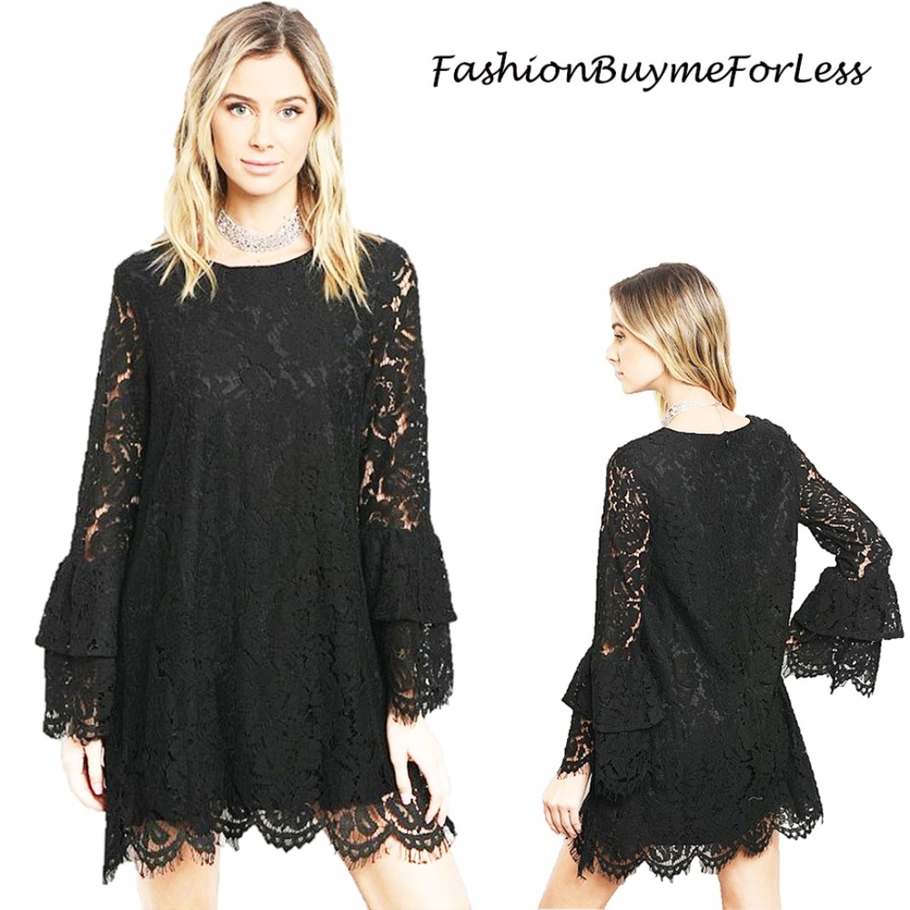 Victorian Layer Bell Sleeve Lace VTG Black Dress